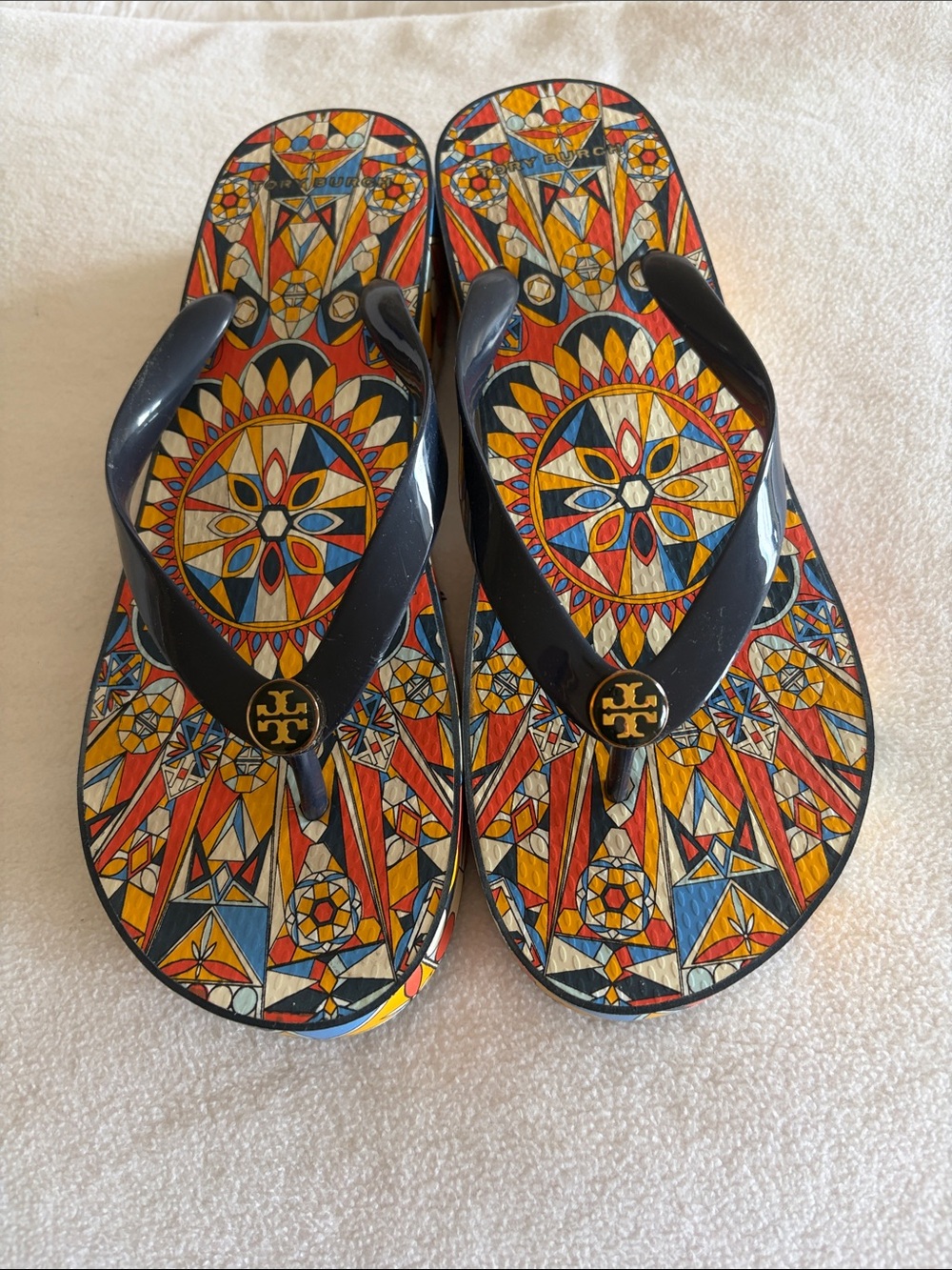 Tory Burch Navy Strap Flip Flops with Colorful Geometric Print